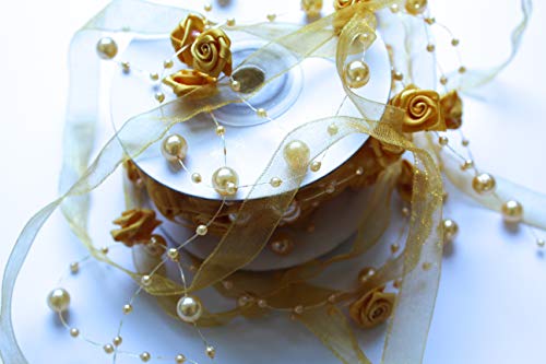 CaPiSo 10m Trendyband Rosen Organza Trendy Schleifenband mit Rosen und Perlen Deko Hochzeit Dekoband (Gold-Gelb) von CaPiSo