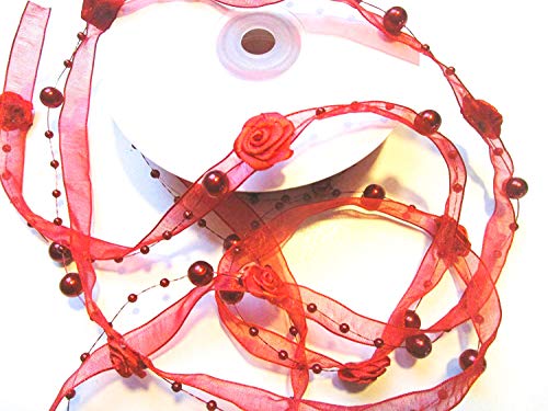 CaPiSo 10m Trendyband Rosen Organza Trendy Schleifenband mit Rosen und Perlen Deko Hochzeit Dekoband (Rot) von CaPiSo