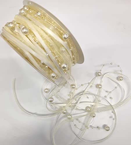 CaPiSo 15m Schleifenband mit Organza und 3 und 8 mm Perlen,Perlenband,Geschenkband,Trendyband,Perlen am Band (Creme) von CaPiSo