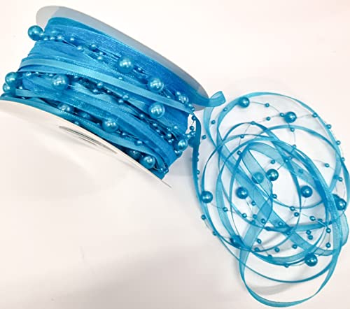 CaPiSo 15m Schleifenband mit Organza und 3 und 8 mm Perlen,Perlenband,Geschenkband,Trendyband,Perlen am Band (Eisblau) von CaPiSo