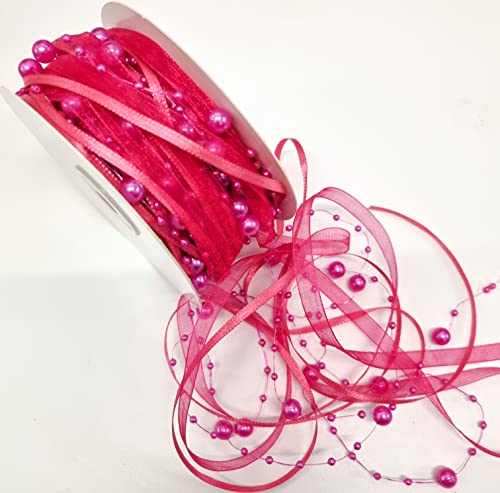 CaPiSo 15m Schleifenband mit Organza und 3 und 8 mm Perlen,Perlenband,Geschenkband,Trendyband,Perlen am Band (Fuchsia) von CaPiSo