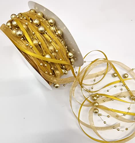 CaPiSo 15m Schleifenband mit Organza und 3 und 8 mm Perlen,Perlenband,Geschenkband,Trendyband,Perlen am Band (Gold) von CaPiSo