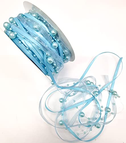CaPiSo 15m Schleifenband mit Organza und 3 und 8 mm Perlen,Perlenband,Geschenkband,Trendyband,Perlen am Band (Hellblau) von CaPiSo