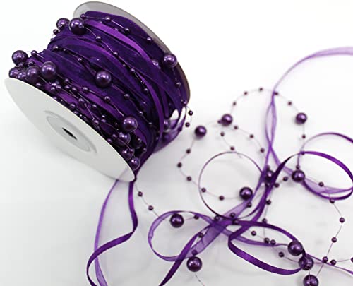 CaPiSo 15m Schleifenband mit Organza und 3 und 8 mm Perlen,Perlenband,Geschenkband,Trendyband,Perlen am Band (Lila-Violett) von CaPiSo
