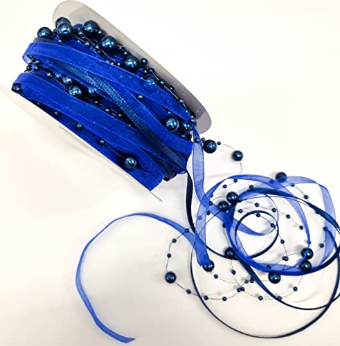 CaPiSo 15m Schleifenband mit Organza und 3 und 8 mm Perlen,Perlenband,Geschenkband,Trendyband,Perlen am Band (Nachtblau) von CaPiSo
