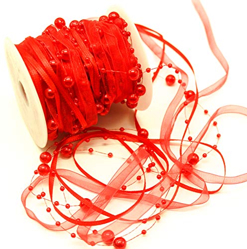 CaPiSo 15m Schleifenband mit Organza und 3 und 8 mm Perlen,Perlenband,Geschenkband,Trendyband,Perlen am Band (Neu Rot) von CaPiSo