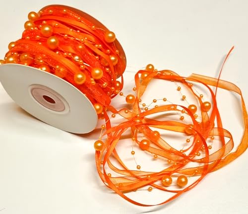 CaPiSo 15m Schleifenband mit Organza und 3 und 8 mm Perlen,Perlenband,Geschenkband,Trendyband,Perlen am Band (Orange) von CaPiSo