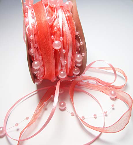 CaPiSo 15m Schleifenband mit Organza und 3 und 8 mm Perlen,Perlenband,Geschenkband,Trendyband,Perlen am Band (Rosa-Lachs) von CaPiSo