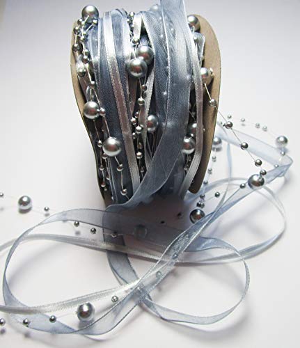 CaPiSo 15m Schleifenband mit Organza und 3 und 8 mm Perlen,Perlenband,Geschenkband,Trendyband,Perlen am Band (Silber) von CaPiSo
