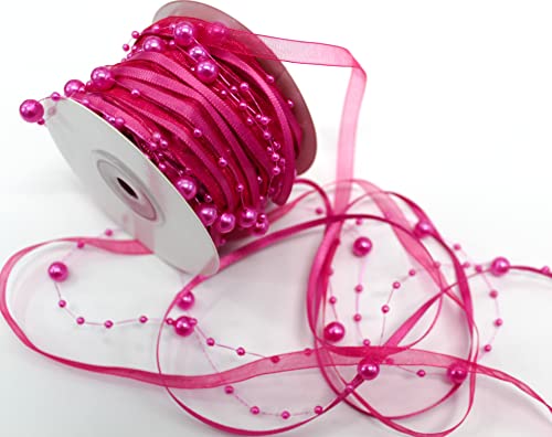 CaPiSo 15m Schleifenband mit Organza und 3 und 8 mm Perlen Perlenband Geschenkband Trendyband Perlen am Band (Dunkles Fuchsia) von CaPiSo