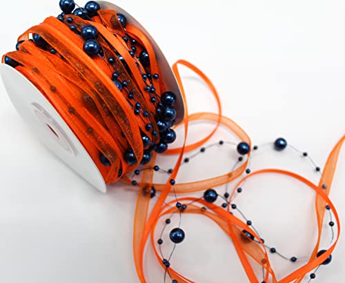 CaPiSo 15m Schleifenband mit Organza und 3 und 8 mm Perlen Perlenband Geschenkband Trendyband Perlen am Band (Orange-Nachtblau) von CaPiSo