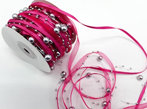 CaPiSo 15m Schleifenband mit Organza und 3 und 8 mm Perlen Perlenband Geschenkband Trendyband Perlen am Band (Silber-Fuchsia) von CaPiSo