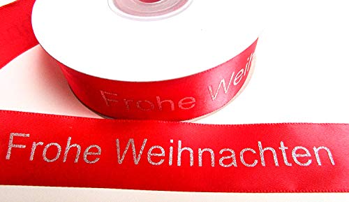 CaPiSo 25m Weihnachtsband 25mmSatinband Geschenkband Schleifenband Dekoband Advent Weihnachten mit Schrift Frohe Weihnachten (Schrift Rot) von CaPiSo