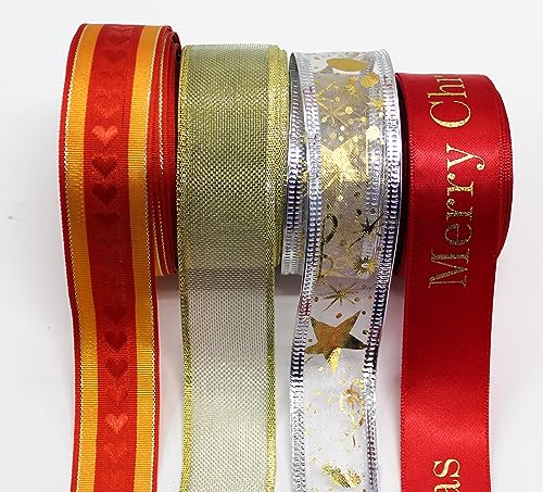 CaPiSo 4 Farben je 10m Satin-Schleifenband MIX 25mm Lurexband Glitzerband Geschenkband Dekoband mit Draht Dekoration Drahtkante Weihnachten (End 02) von CaPiSo