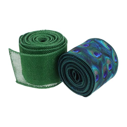 Cabilock 2 Stück Teiliges Set Grüne Polyester Drahtband mit Pfauenfeder Formbares Dekoband für Weihnachtskränze Geschenkschleifen Party und Outdoor Dekoration Breit Rolle von Cabilock