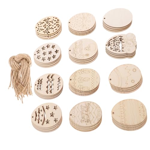 Cabilock 48 Stück Teiliges Ostereier Holzscheiben zum Bemalen Holzanhänger mit Aufhängeloch DIY Basteln für Frühlingsdeko und Ostern Naturbelassene Holzeier für Kreative Handarbeit von Cabilock