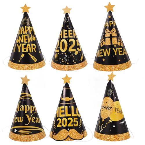 Cabilock 6 Stück Neujahrsparty Papierkegel Hüte Teilig Partyhüte mit Elastischem Band Festliche Foto Requisiten Leichte Kopfbedeckung für Silvesterfeier von Cabilock