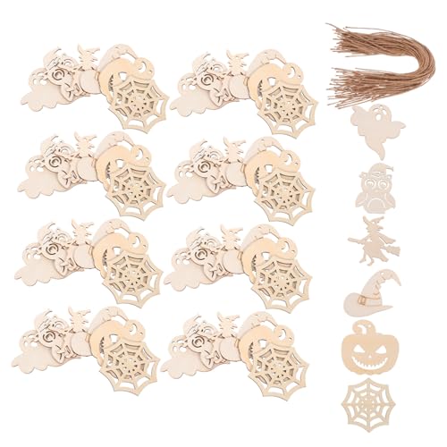 Cabilock 60 Stück Teiliges Halloween Holz Bastelset Unbehandelte Holzanhänger mit Geist Kürbis Formen zum Bemalen DIY Basteln Familienaktivität Dekoration für Trick Treat Taschen von Cabilock