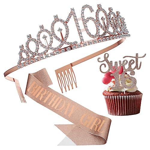 Cabilock Geburtstag Dekorationsset Roségold mit Funkelnder Strass Krone Tortendeko Topper und Schärpe Teiliges Partyzubehör für Frauen Geeignet für Innen und Außenbereich von Cabilock