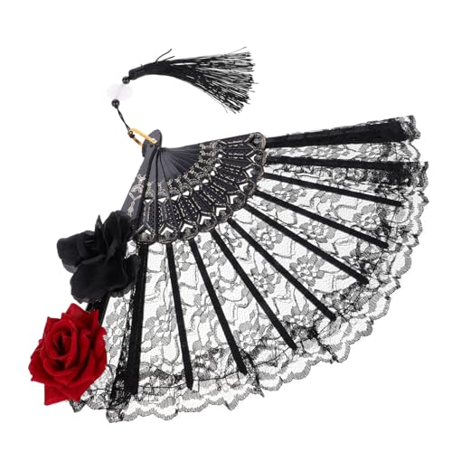Cabilock Gothic Lolita Handfächer aus Spitze mit Anhänger Faltbar Schwarzer Vintage Faltfächer im Spanischen Stil Bestickter Damen Handfächer für Halloween Viktorianische Events und Lolita von Cabilock