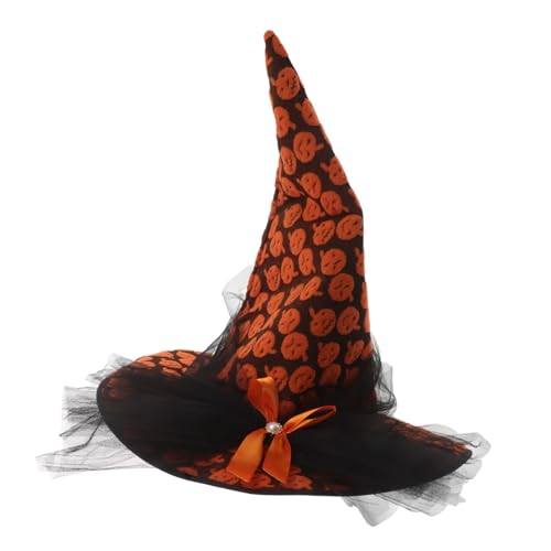 Cabilock Halloween Hexenhut mit Netz und Schleife Atmungsaktiv und Leicht mit Kürbismuster Vielseitiger Hexenhut für Damen Partydekoration Kostümzubehör für Halloween-feste von Cabilock