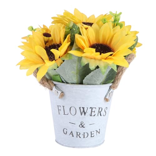 Cabilock Künstliche Sonnenblume im Vintage Eisen Eimer mit Grobem Juteseil Lebensechter Falscher Sonnenblumen Bonsai für Haus Wohnraumdekoration Dekorativer Blumentopf für Balkon und Tisch von Cabilock