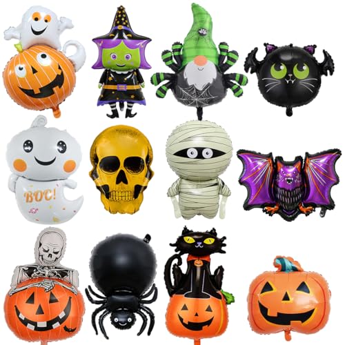 12 Stück Halloween Folienballons,XXL Halloween Helium Luftballons,Helium ballons Kürbis, Spinne, Fledermaus, Skelett, Hexe, schwarze Katze, Geist usw,Folienballons für Kinder Party Deko 12 Stück Halloween Folienballons,XXL Halloween Helium Luftballons,Helium ballons Kürbis, Spinne, Fledermaus, Skelett, Hexe, schwarze Katze, Geist usw,Folienballons für Kinder Party Deko von Cadimus