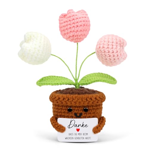 Cadimus Positive Blume,Kleines Dankeschön Geschenk,Rosa Gestrickte Tulpen Blume,Lustige Häkelblumen Pocket Hug,Handgemachte Gehäkelte Blumen,Danke Geschenk für Freunde Kollegen Familie Freundin von Cadimus