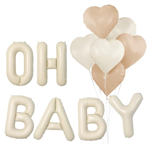 Oh Baby Luftballon, 16 Zoll Cremeweiß OH BABY Buchstaben Folienballon, Beige Luftballon Herz Folienballon，Oh Baby Deko für Babyparty Baby Shower Junge Mädchen von Cadimus