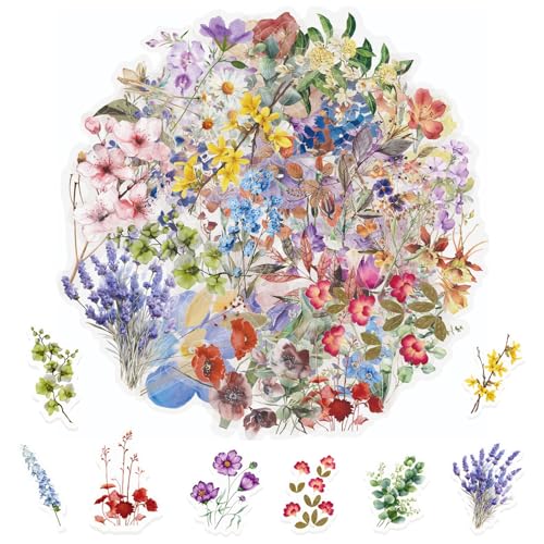 Caelura 104 Stück Scrapbooking Sticker Set, Wasserfeste Sticker Blumen, Transparente PET Aufkleber Blumen, Scrapbook Stickers für DIY Scrapbooking, Laptops, Handyhüllen, Fotoalbum, Wasserflaschen von Caelura