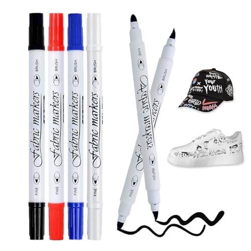 Caelura 4 Stück Textilstifte Waschmaschinenfest, Textilmarker Waschmaschinenfest, Stoffmalfarben Waschfest, 1-5mm Dual Tip Stoffmalstifte für T-Shirt Stoffbeutel Schuhe von Caelura