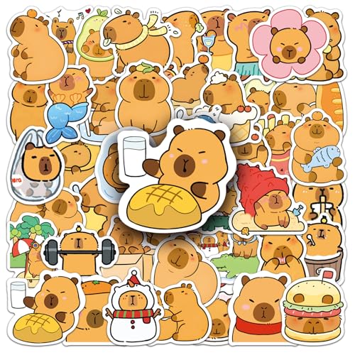 Caelura 50 Stück Capybara Sticker Kinder, Aufkleber Capybara, Wasserfeste Sticker, Kinder Aufkleber Wasserfest für Koffer, Skateboard, Laptop, Kühlschrank, Wasserflasche, Kindergeburtstag Party Deko von Caelura