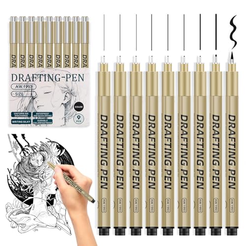 Caelura Fineliner Schwarz Stifte, 9 Stück Fineliner Stifte Set, Wasserfest Tuschestifte zum Zeichnen Skizzieren Technisches Zeichnung für Erwachsene und Kinder Schule Büro Einschulung Geschenke von Caelura