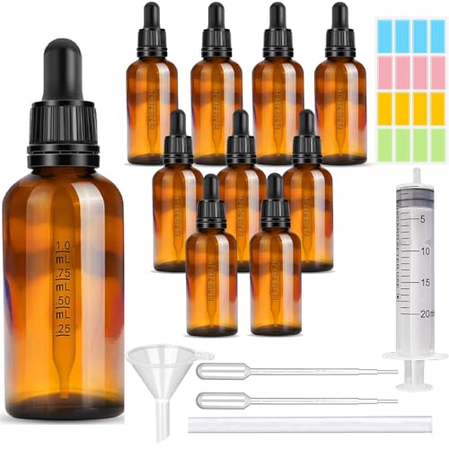 CafullCon 10 Stück 50ml Pipettenflasche, Wiederverwendbar Anti-UV Flasche mit Pipette, Braunglasflasche mit Trichter Spritze Katheter Tropfer Aufkleber, Apothekerflasche für Ätherische Öle Parfümöle von CafullCon