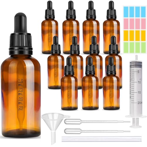 CafullCon 12 Stück Pipettenflasche 30ml, Wiederverwendbar Anti-UV Flasche mit Pipette, Braunglasflasche mit Trichter Spritze Katheter Tropfer Aufkleber, Apothekerflasche für Ätherische Öle Parfümöle von CafullCon