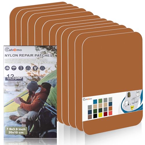 Cahomo Nylon Reparatur Patches, 12 Stück 20x10 cm Selbstklebender Wasserdichte Reparatur Patch, Daunenjacke Flicken Reparaturset，Nylon Flicken Selbstklebend, für Jacken, Zelte, Daunenjacke-Hellbraun von Cahomo