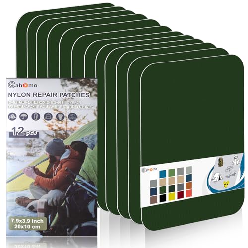 Cahomo Nylon Reparatur Patches, 12 Stück 20x10 cm Selbstklebender Wasserdichte Reparatur Patch, Daunenjacke Flicken Reparaturset，Nylon Flicken Selbstklebend, für Jacken, Zelte, Daunenjacke-Dunkelgrün von Cahomo