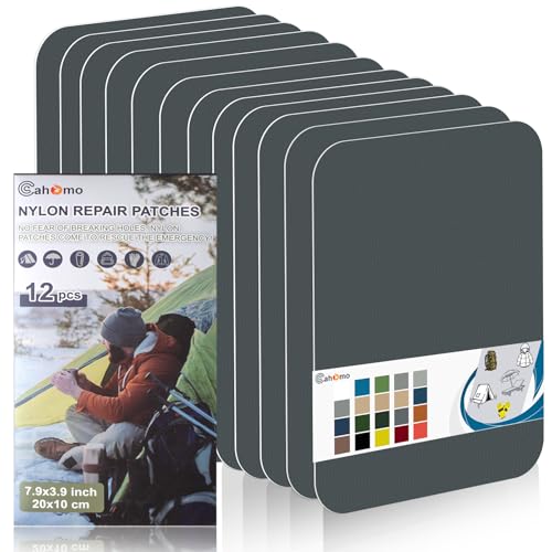 Cahomo Nylon Reparatur Patches, 12 Stück 20x10 cm Selbstklebender Wasserdichte Reparatur Patch, Daunenjacke Flicken Reparaturset，Nylon Flicken Selbstklebend, für Jacken, Zelte, Daunenjacke-Dunkelgrau von Cahomo