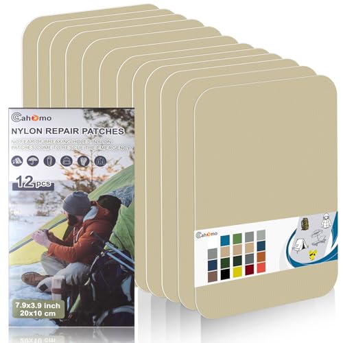 Cahomo Nylon Reparatur Patches, 12 Stück 20x10 cm Selbstklebender Wasserdichte Reparatur Patch, Daunenjacke Flicken Reparaturset，Nylon Flicken Selbstklebend, für Jacken, Zelte, Daunenjacke-Beige Gelb von Cahomo