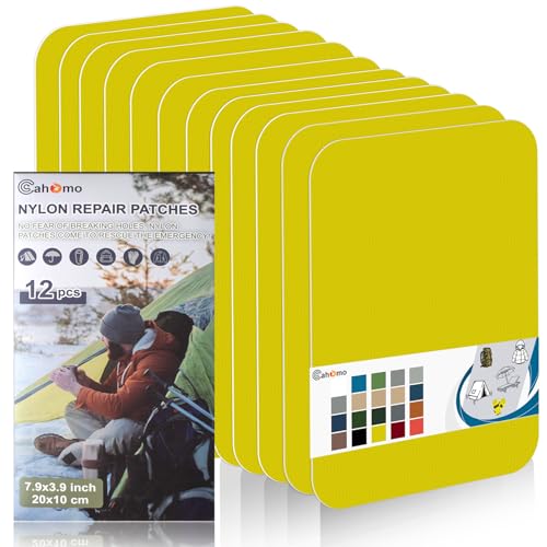 Cahomo Nylon Reparatur Patches, 12 Stück 20x10 cm Selbstklebender Wasserdichte Reparatur Patch, Daunenjacke Flicken Reparaturset，Nylon Flicken Selbstklebend, für Jacken, Zelte, Daunenjacke-Gelb von Cahomo