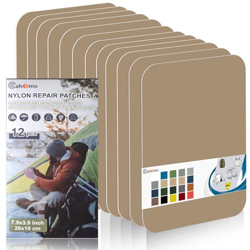 Cahomo Nylon Reparatur Patches, 12 Stück 20x10 cm Selbstklebender Wasserdichte Reparatur Patch, Daunenjacke Flicken Reparaturset，Nylon Flicken Selbstklebend, für Jacken, Zelte, Daunenjacke-Khaki von Cahomo