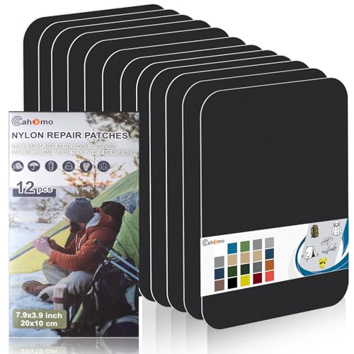 Cahomo Nylon Reparatur Patches, 12 Stück 20x10 cm Selbstklebender Wasserdichte Reparatur Patch, Daunenjacke Flicken Reparaturset，Nylon Flicken Selbstklebend, für Jacken, Zelte, Daunenjacke-Schwarz von Cahomo