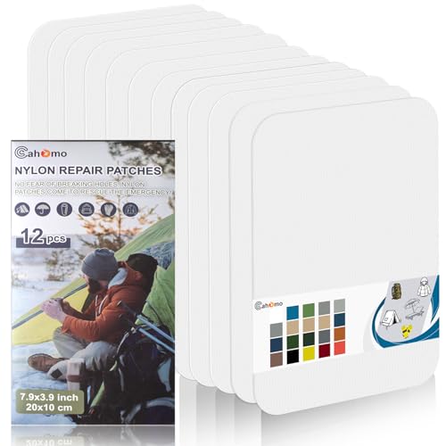 Cahomo Nylon Reparatur Patches, 12 Stück 20x10 cm Selbstklebender Wasserdichte Reparatur Patch, Daunenjacke Flicken Reparaturset，Nylon Flicken Selbstklebend, für Jacken, Zelte, Daunenjacke-Weiß von Cahomo