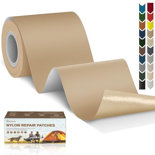 Cahomo Nylon Reparatur Patches, 7.6x200 cm Selbstklebender Wasserdichte Reparatur Patch, Daunenjacke Flicken Reparaturset，Nylon Flicken Selbstklebend, für Jacken, Zelte, Daunenjacke-Khaki von Cahomo