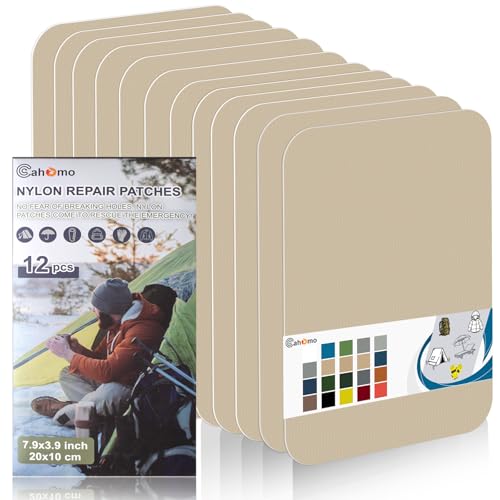 Nylon Reparatur Patches, Cahomo 12 Stück 20x10 cm Selbstklebender Wasserdichte Reparatur Patch, Daunenjacke Flicken Reparaturset，Nylon Flicken Selbstklebend, für Jacken, Zelte, Daunenjacke-Dunkelbeige von Cahomo