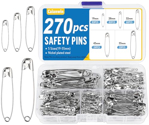 Caianwin 270 Stück Sicherheitsnadeln Set - 5 Größen Sicherheitsnadel Klein(19mm/28mm/32mm) und Sicherheitsnadeln Groß(45mm/55mm) Silber, Metall Sicherheitsnadel für Kunsthandwerk Nähen DIY von Caianwin