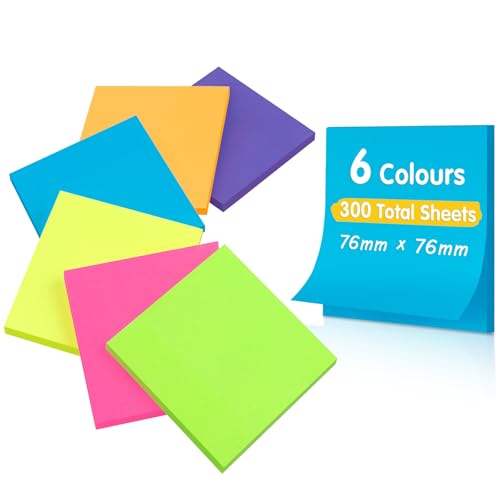 Caianwin 6 Packung Farbige Haftnotizen 76x76mm, Selbstklebende Klebezettel, 50 Blätter/Block Helle Haftnotizzettel Bunte Rechteckig Sticky Notes für Büro Zuhause Schule Sitzung von Caianwin