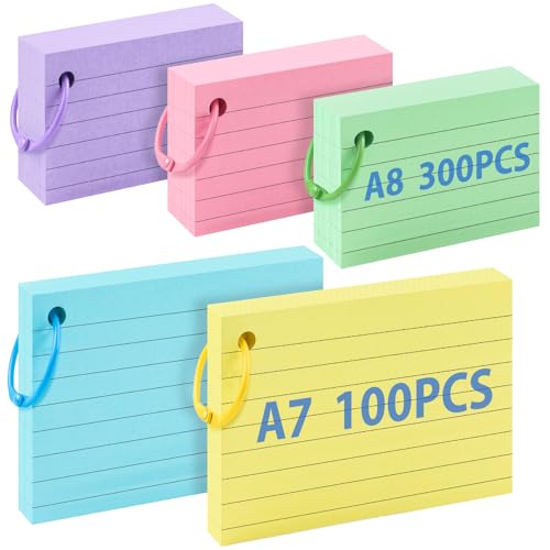 Caianwin 400 Stück Karteikarten A7 A8 Karteikarten mit 5 Ring, 5 Farben Vokabelkarten Lernkarten für Lernen, Speicher, Revision Supplies von Caianwin