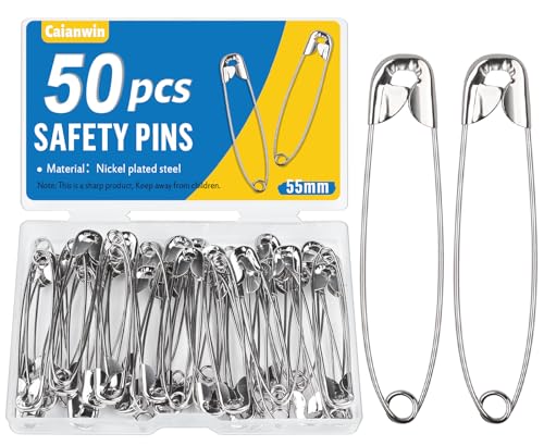 Caianwin 50 Stück Sicherheitsnadeln 55 mm Sicherheitsnadel groß mit Praktischer Box Safety Pins für Befestigen und Nähen von Kleidung und Handarbeiten, Schmuckherstellung von Caianwin