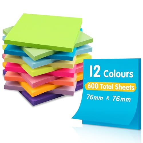 Caianwin 600 Stück Haftnotizen 12 Farbe Haftnotizen Klebezettel 76x76mm Bunt Notizzettel Klebend für Schulen, Wohnungen und Büros von Caianwin